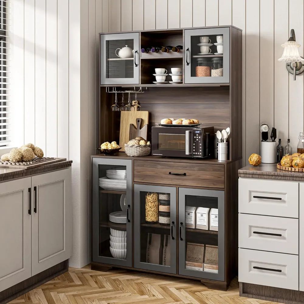 Pantry Cabinet, 71" Tall Coffee Bar Liquor Cabinet with Power Outlet & LED Lights, Kitchen Hutch Food Pantry with Microwave Stan