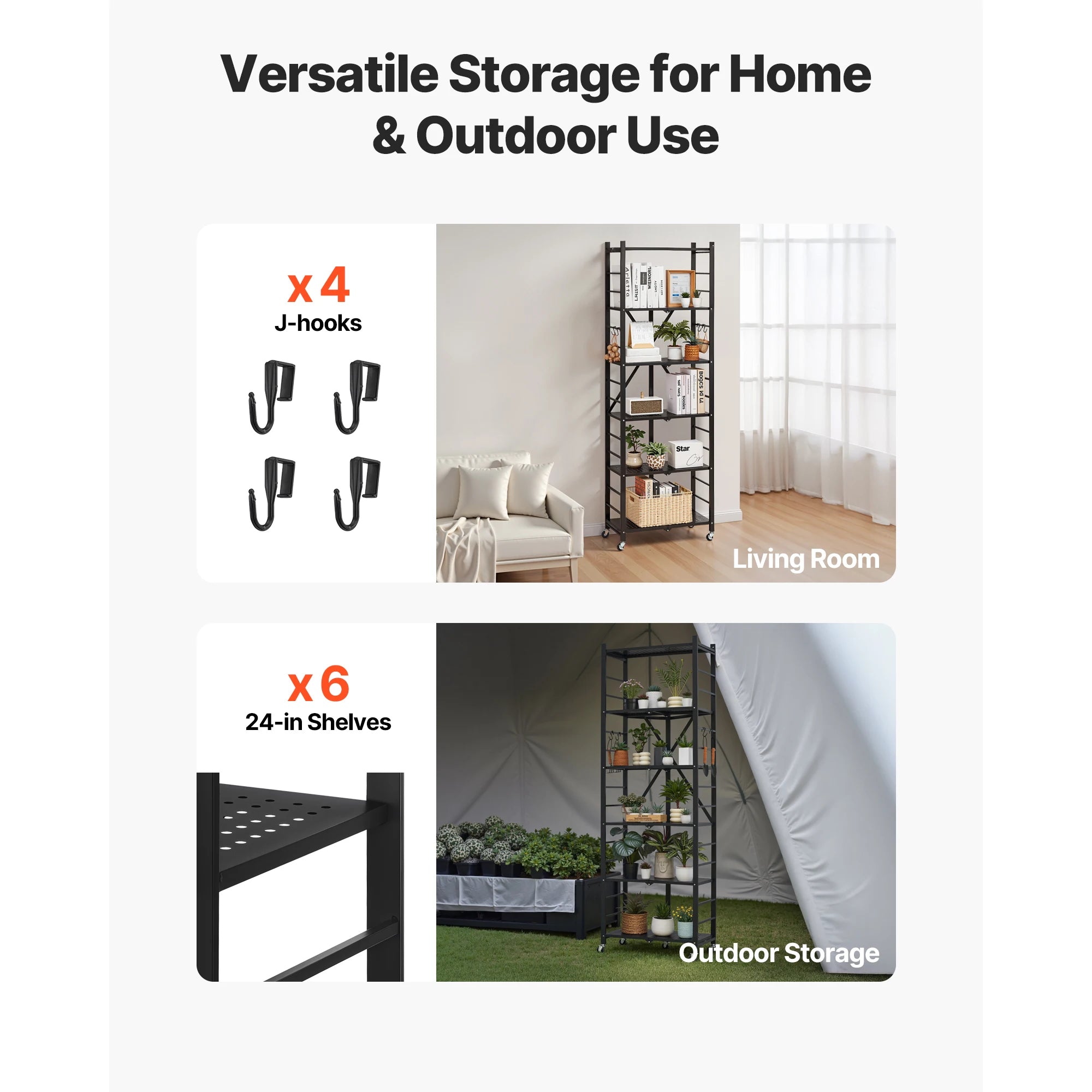 SucceBuy 6/5/4/3 Tier Black Foldable Storage Shelf with Wheels Folding Metal Rack Shelving Unit Organizer for Garage Kitchen