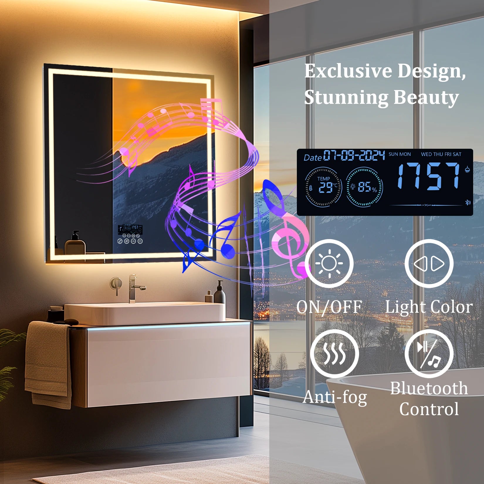 LED Bathroom Mirror 800mm Square Wall Mirror with Bluetooth Time Temperature Display 3 Colours Front+Backlit Anti-fog Memory