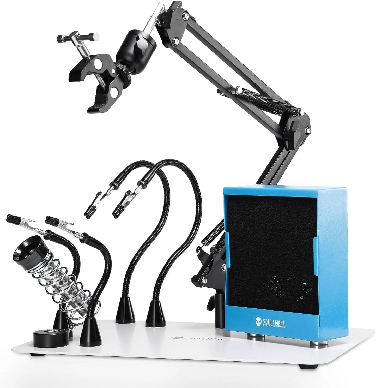 Magnetic Helping Hands & Solder Fume Extractor Combo, 2-in-1 Soldering Station with 360° Hot Air Gun Holder, Heavy Duty Base, Fl