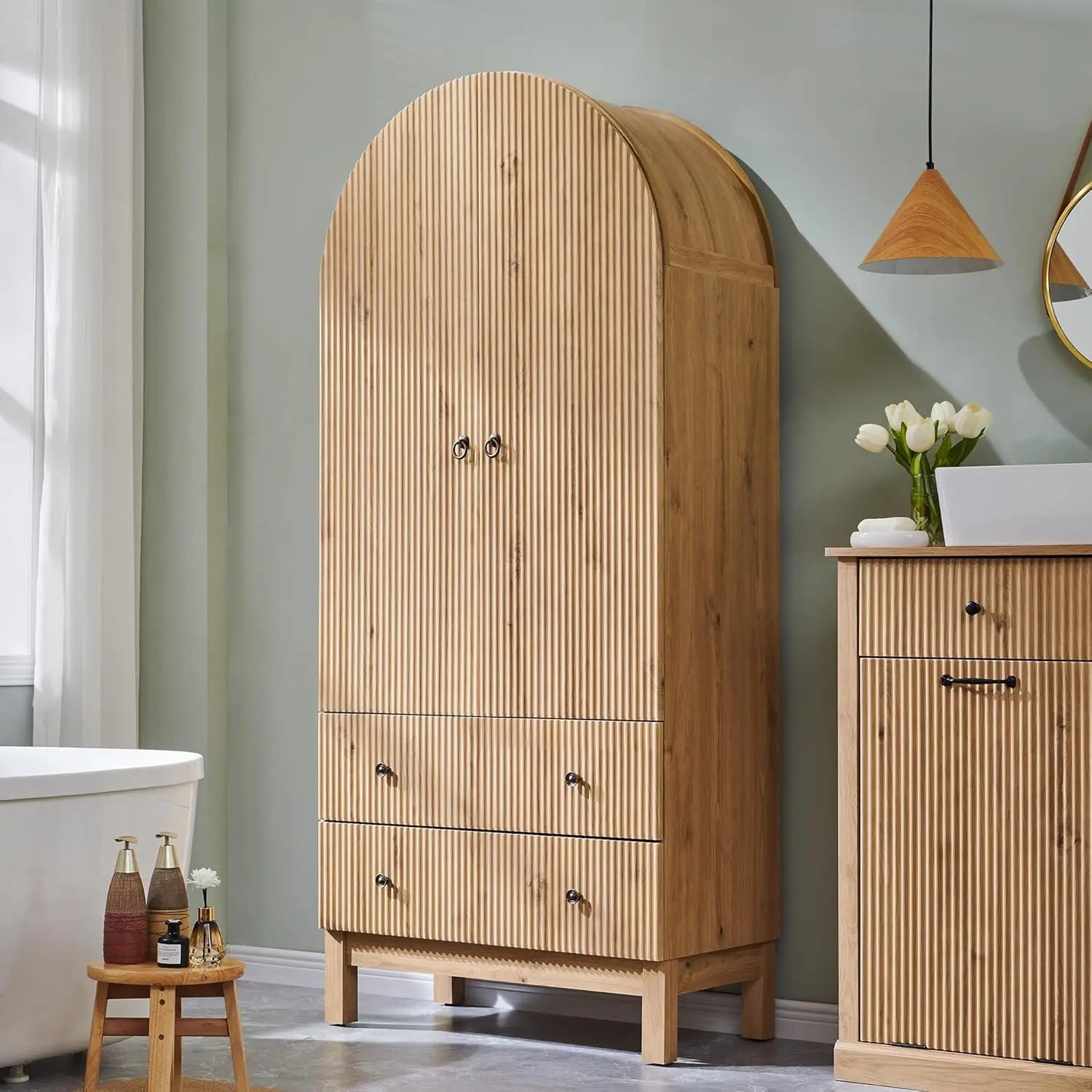 Tall Arched Bathroom Storage Cabinet, Modern Fluted Cabinet Storage with Shlves and 2Drawers, Floor Cabinet for Bathroom Living