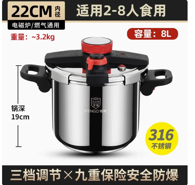Thickened Pressure Cooker for Home Use, 316 Stainless Steel, Anti-Explosion, Gas and Induction Cookers Compatible