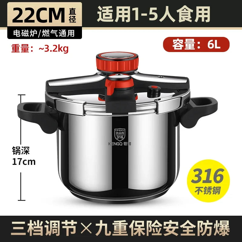 Thickened Pressure Cooker for Home Use, 316 Stainless Steel, Anti-Explosion, Gas and Induction Cookers Compatible
