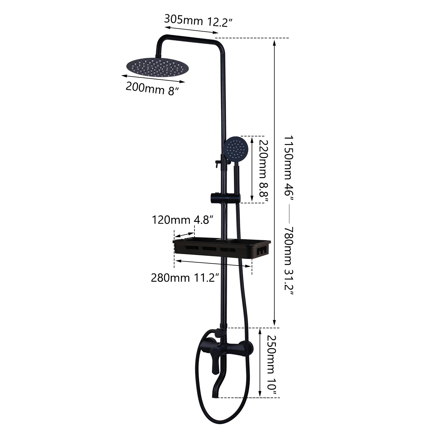 JIENI Matte Black Rainfall Shower Faucet Set Paint Black Bathtub Shower Mixer Faucet & Wall Mounted Hand Shower Mixer Faucet Set