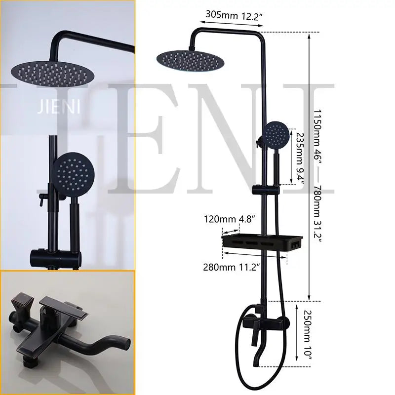 JIENI Matte Black Rainfall Shower Faucet Set Paint Black Bathtub Shower Mixer Faucet & Wall Mounted Hand Shower Mixer Faucet Set