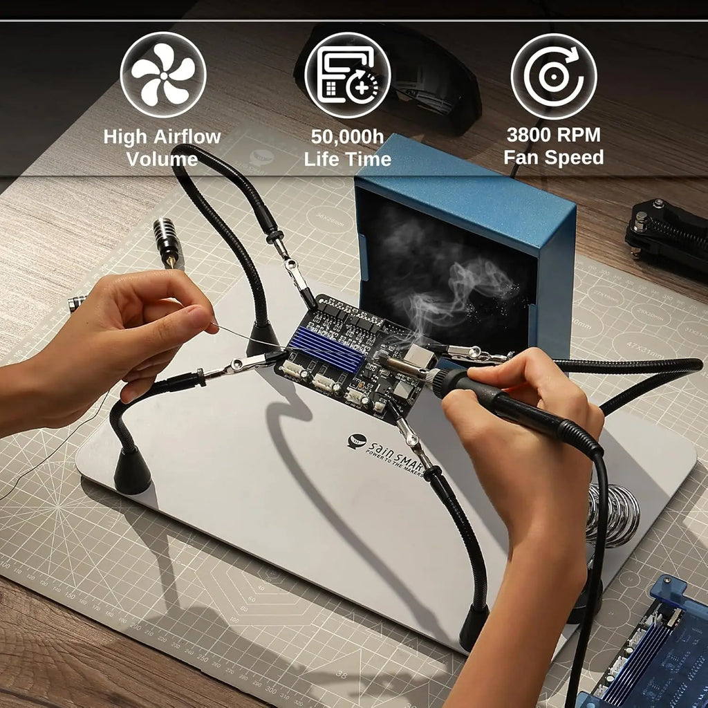 Magnetic Helping Hands & Solder Fume Extractor Combo, 2-in-1 Soldering Station with 360° Hot Air Gun Holder, Heavy Duty Base, Fl