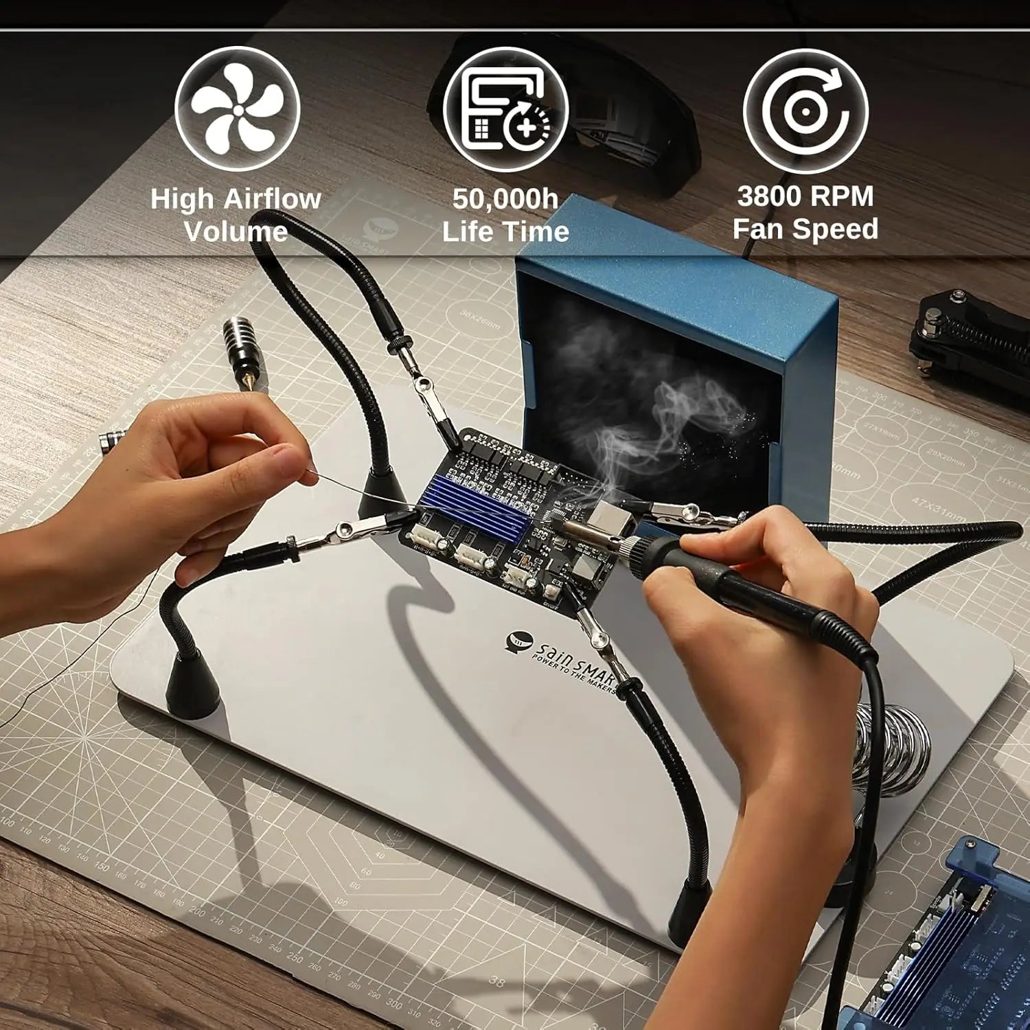 Magnetic Helping Hands & Solder Fume Extractor Combo, 2-in-1 Soldering Station with 360° Hot Air Gun Holder, Heavy Duty Base, Fl
