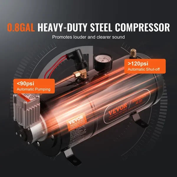 VEVOR Train Horns Kit, 4 Trumpet Air Horn Kit, 150dB Train Horns for Pickup Trucks, 12V 120 psi Air Compressor 0.8 Gal/3 L Tank