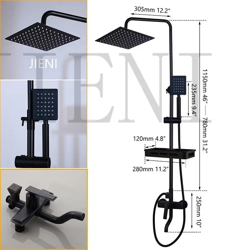JIENI Matte Black Rainfall Shower Faucet Set Paint Black Bathtub Shower Mixer Faucet & Wall Mounted Hand Shower Mixer Faucet Set