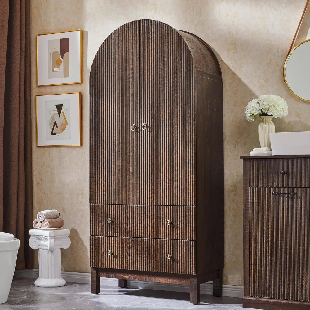 Tall Arched Bathroom Storage Cabinet, Modern Fluted Cabinet Storage with Shlves and 2Drawers, Floor Cabinet for Bathroom Living