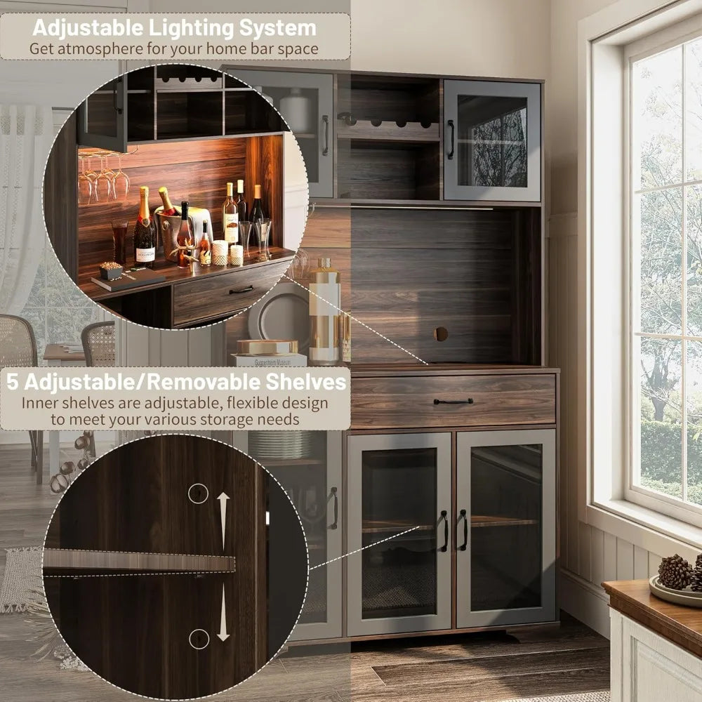 Pantry Cabinet, 71" Tall Coffee Bar Liquor Cabinet with Power Outlet & LED Lights, Kitchen Hutch Food Pantry with Microwave Stan
