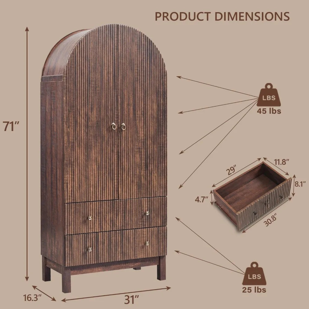 Tall Arched Bathroom Storage Cabinet, Modern Fluted Cabinet Storage with Shlves and 2Drawers, Floor Cabinet for Bathroom Living