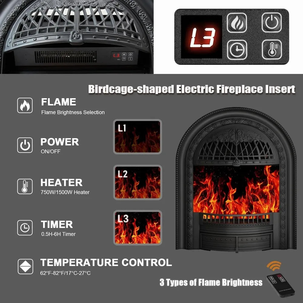 48 Electric Fireplace with Mantel, Tv Stand with Black Birdcage Fire Place Heater and Carved Square Column Design