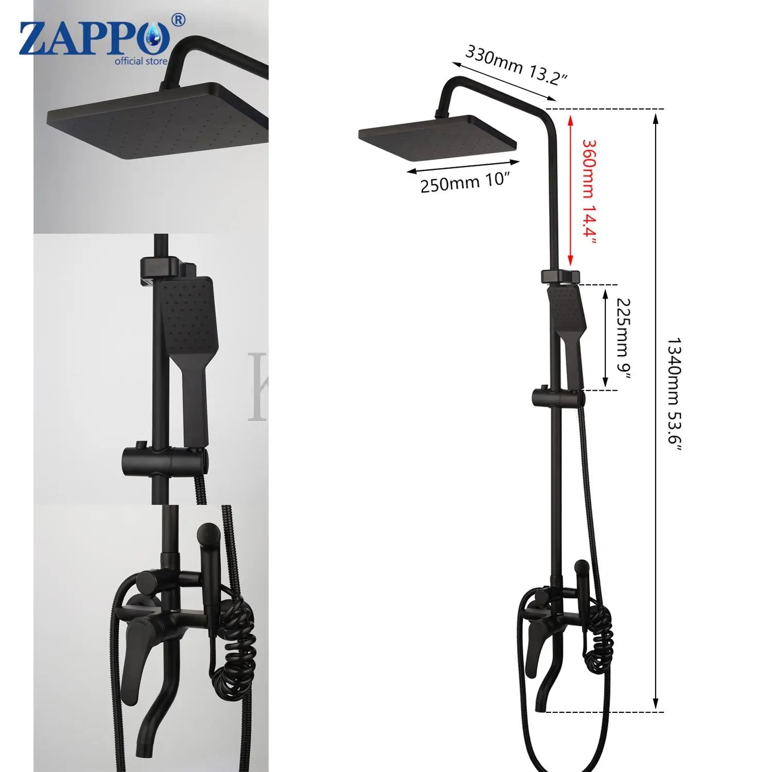 ZAPPO Matte Black Bathroom Shower Set 8 inch Rainfall Shower Head Wall Mounted 3-4 Function Rainfall Shower System & ABS Shelf