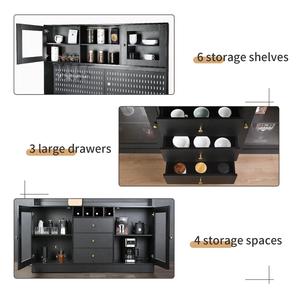 Pantry Cabinet, Kitchen Storage Cabinet, Freestanding Buffet Hutch with Pegboard, Cup Holder, Power Outlet, Black
