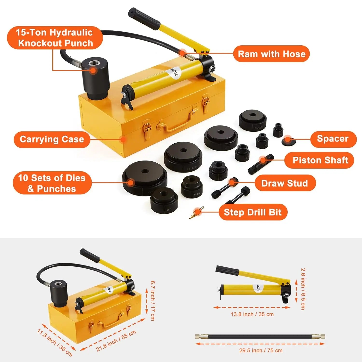 15 Ton Hydraulic Knockout Punch Kit, 1/2" to 4" Conduit Hole Cutter Set, KO Tool Kits W/Puncher 10 Piece
