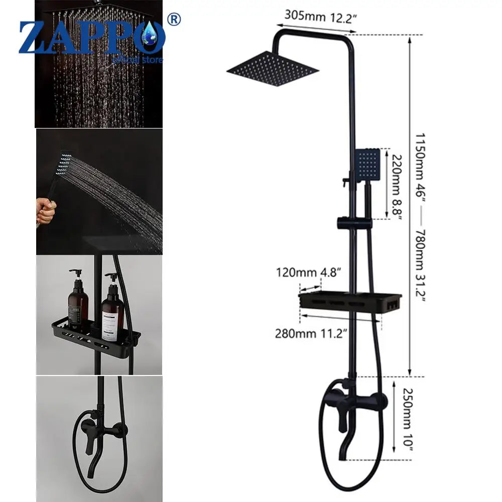 ZAPPO Matte Black Bathroom Shower Set 8 inch Rainfall Shower Head Wall Mounted 3-4 Function Rainfall Shower System & ABS Shelf