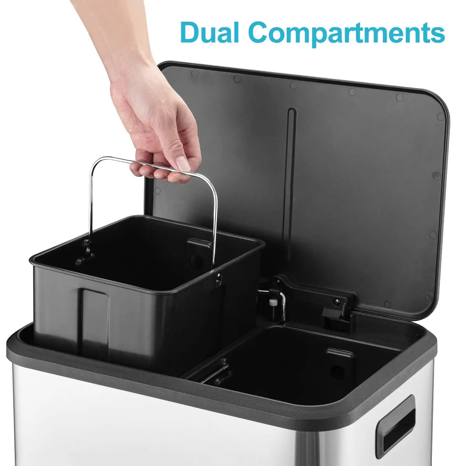 Dual Trash Can, Stainless Steel 2 x 4 Gal (2 x 15L) Garbage Can, Steel Pedal Recycle Bin with Lid and Inner Buckets, Rectangular