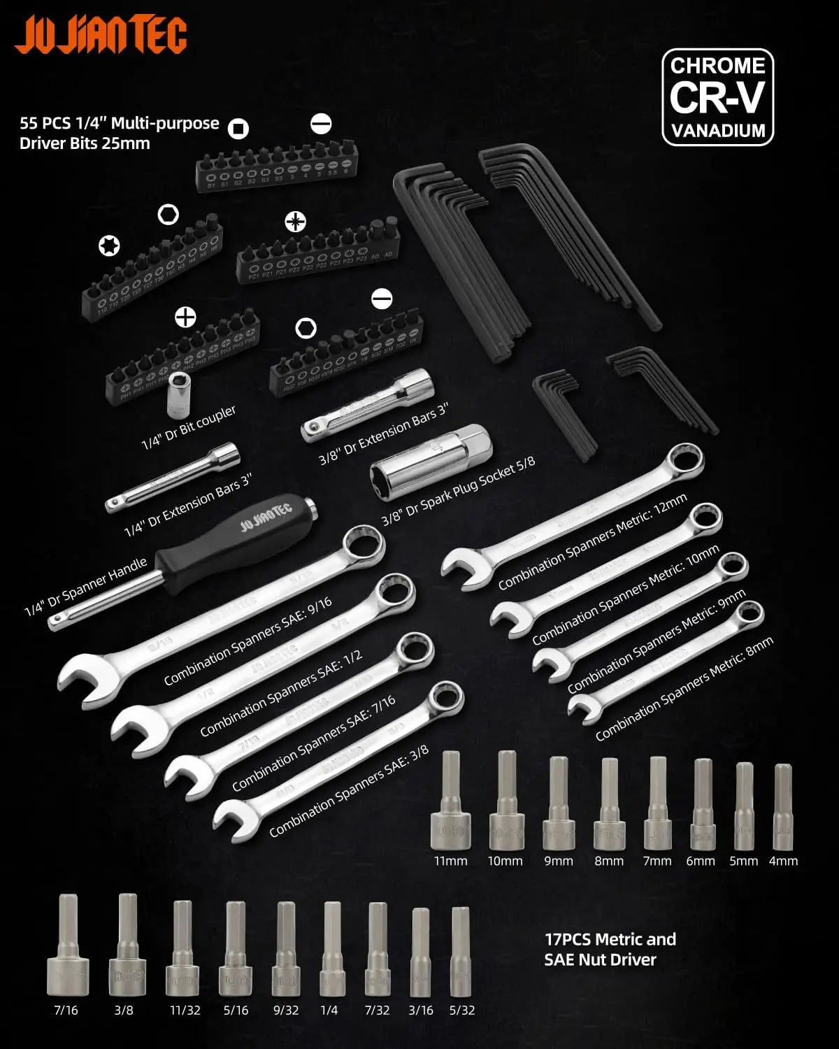 201-Piece Mechanics Tools Set, SAE & Metric, 1/2'', 1/4'', 3/8'' Drive, Ratchet & Extension, CRV Steel, Molded Case