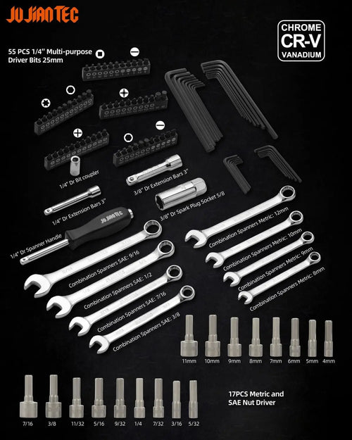 201-Piece Mechanics Tools Set, SAE & Metric, 1/2'', 1/4'', 3/8'' Drive, Ratchet & Extension, CRV Steel, Molded Case