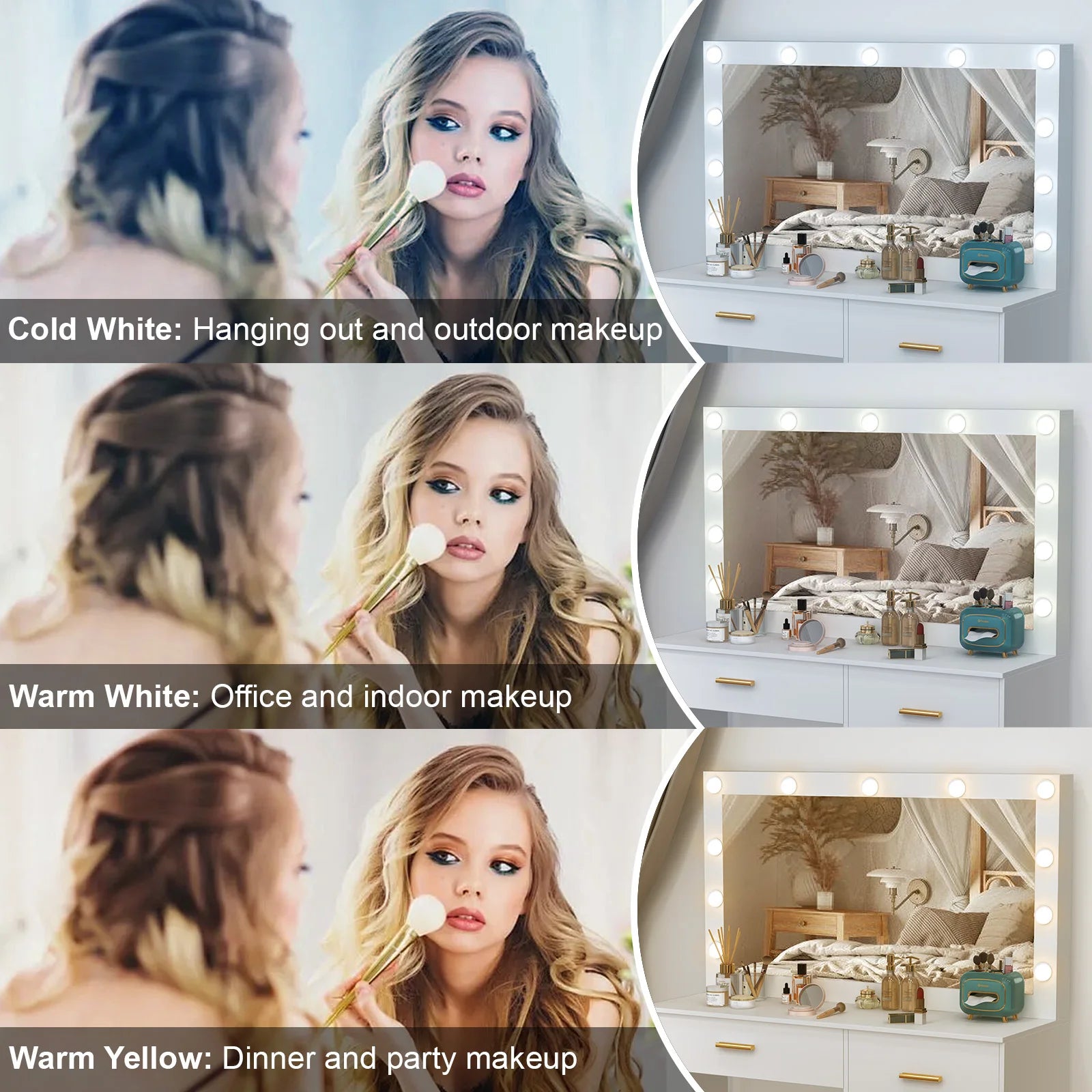 White Dressing Table with Large Hollywood Mirror 11 LED Bulbs Makeup Desk Vanity