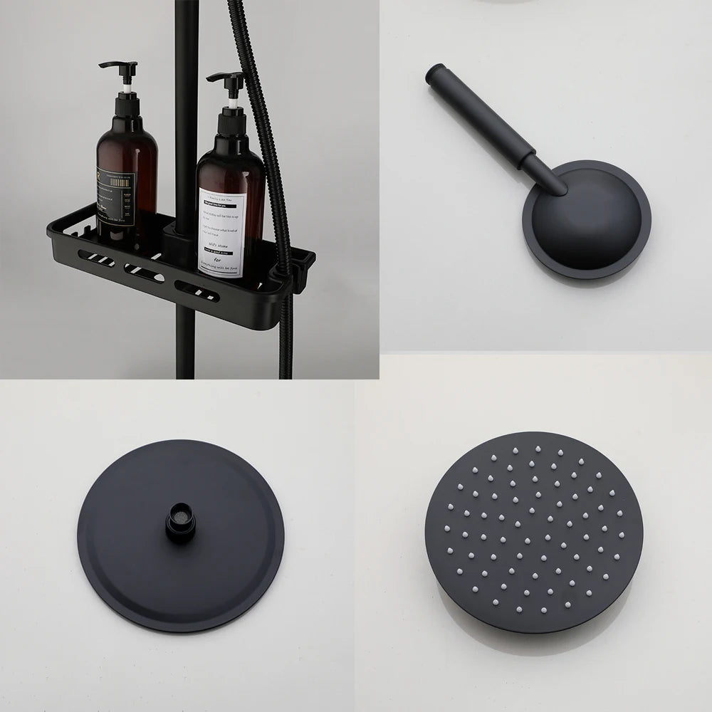 ZAPPO Matte Black Bathroom Shower Set 8 inch Rainfall Shower Head Wall Mounted 3-4 Function Rainfall Shower System & ABS Shelf