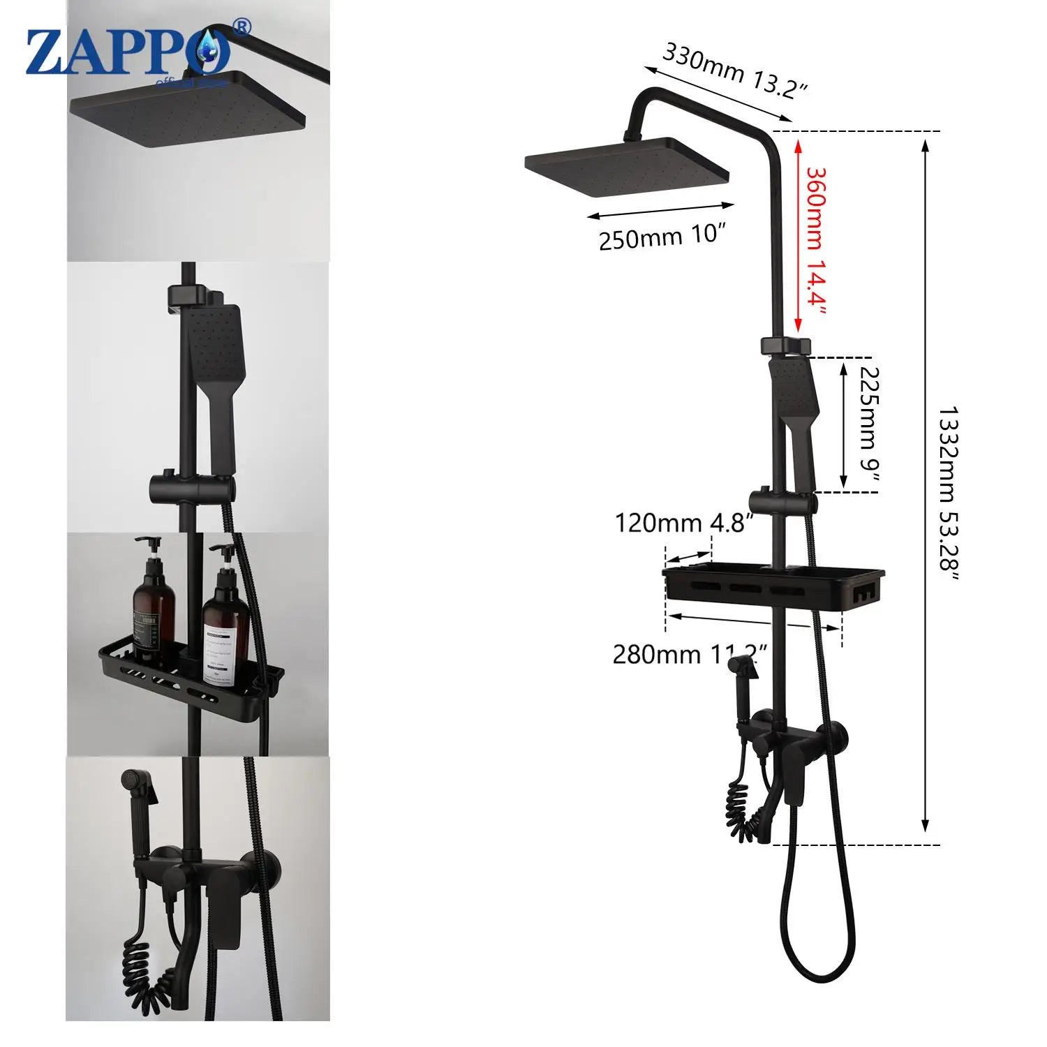 ZAPPO Matte Black Bathroom Shower Set 8 inch Rainfall Shower Head Wall Mounted 3-4 Function Rainfall Shower System & ABS Shelf