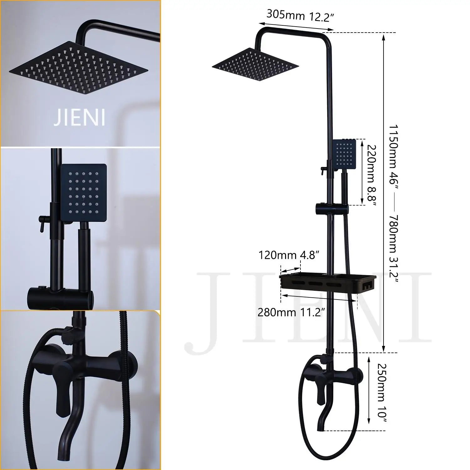 JIENI Matte Black Rainfall Shower Faucet Set Paint Black Bathtub Shower Mixer Faucet & Wall Mounted Hand Shower Mixer Faucet Set