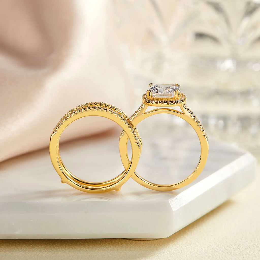 Newshe 925 Sterling Silver Rose Yellow K Gold Engagement Rings Set for Women Halo Cushion AAAAA CZ Guard Wedding Bands Enhancer