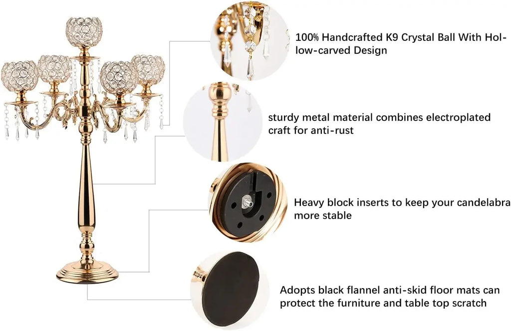 4 Packs 5 Arms Crystal Candelabra for Wedding Centerpiece Gold Candle Holder with Chandelier Crystal Beaded Party Table Decor