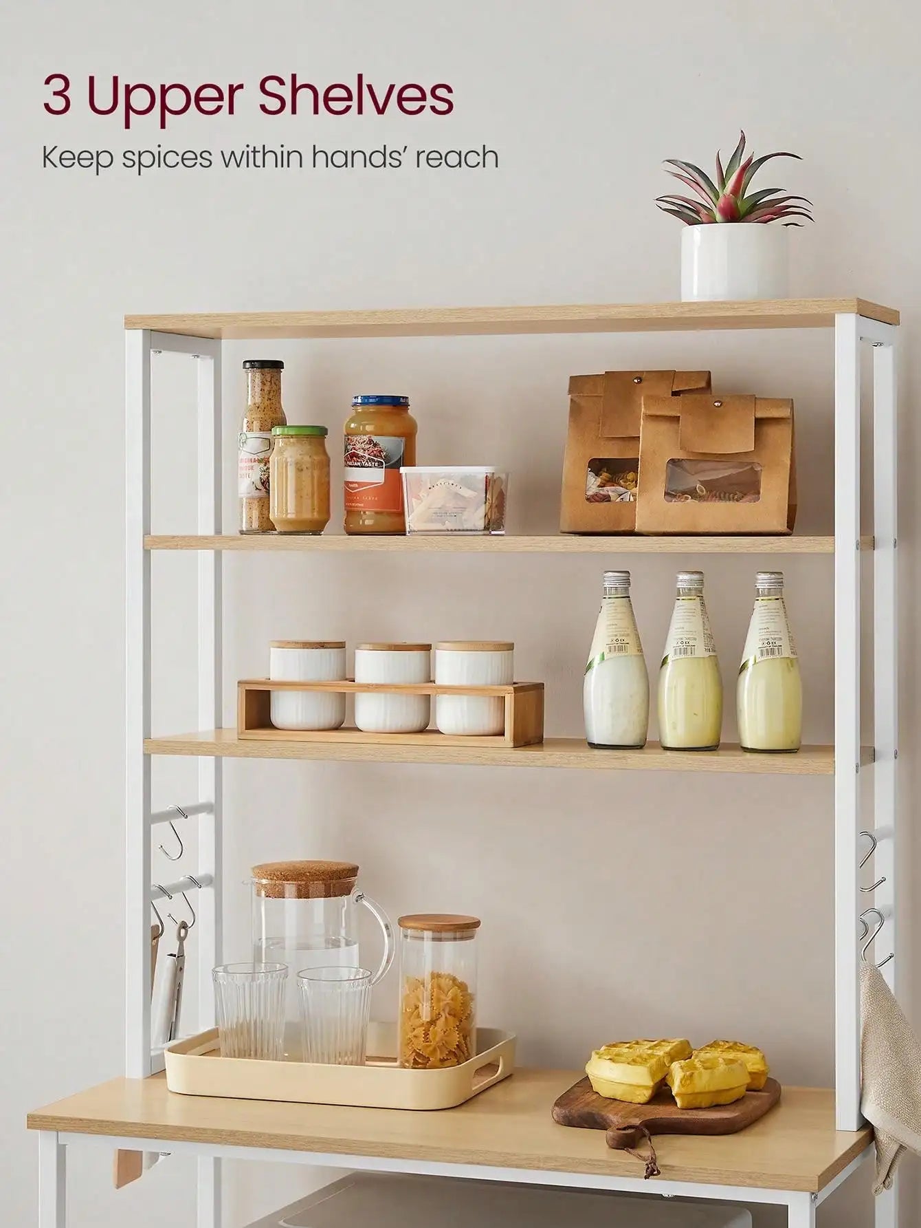 VASAGLE Baker's Rack, Microwave Oven Stand, Kitchen Tall Utility Storage Shelf, 6 Hooks And Metal Frame, Industrial