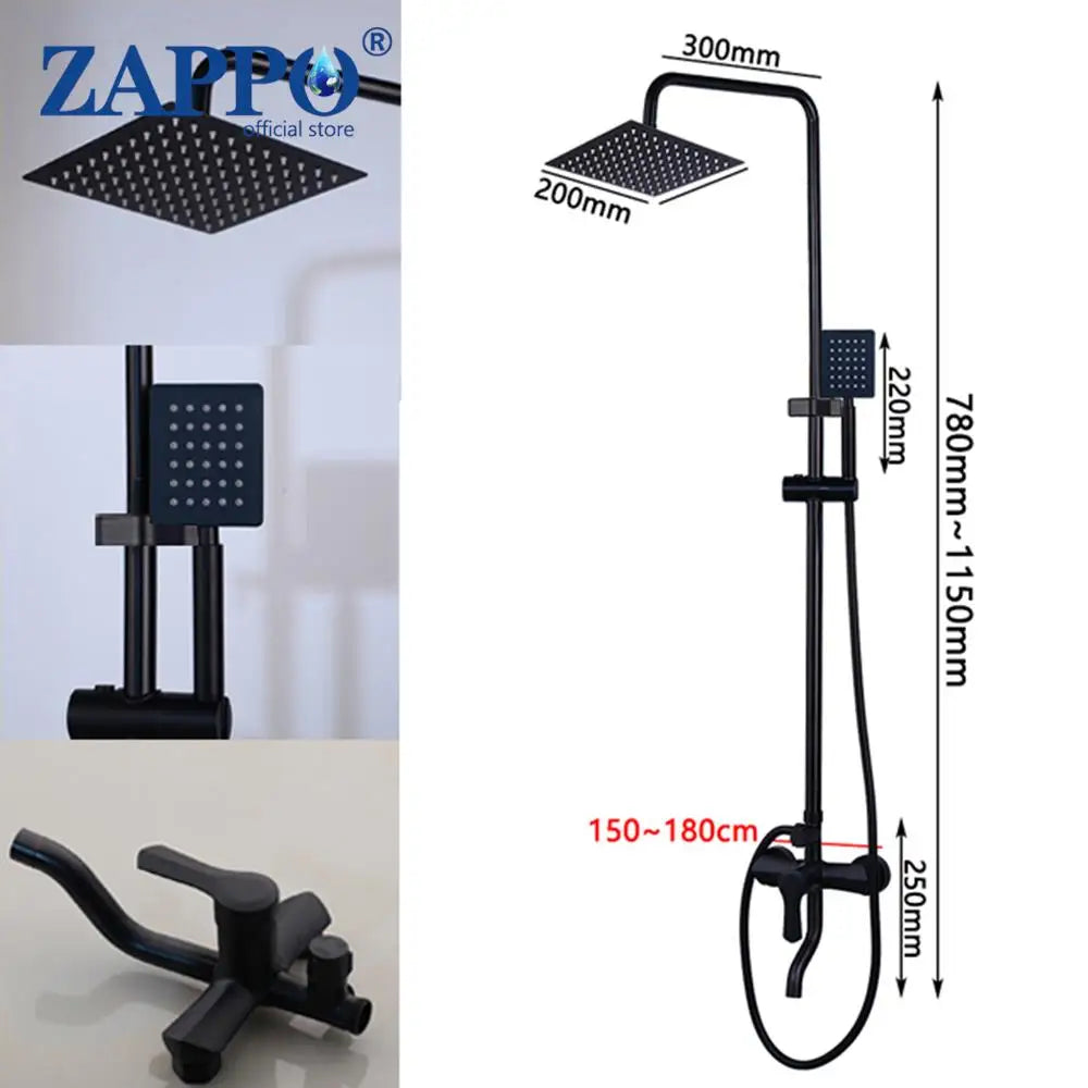 ZAPPO Matte Black Bathroom Shower Set 8 inch Rainfall Shower Head Wall Mounted 3-4 Function Rainfall Shower System & ABS Shelf