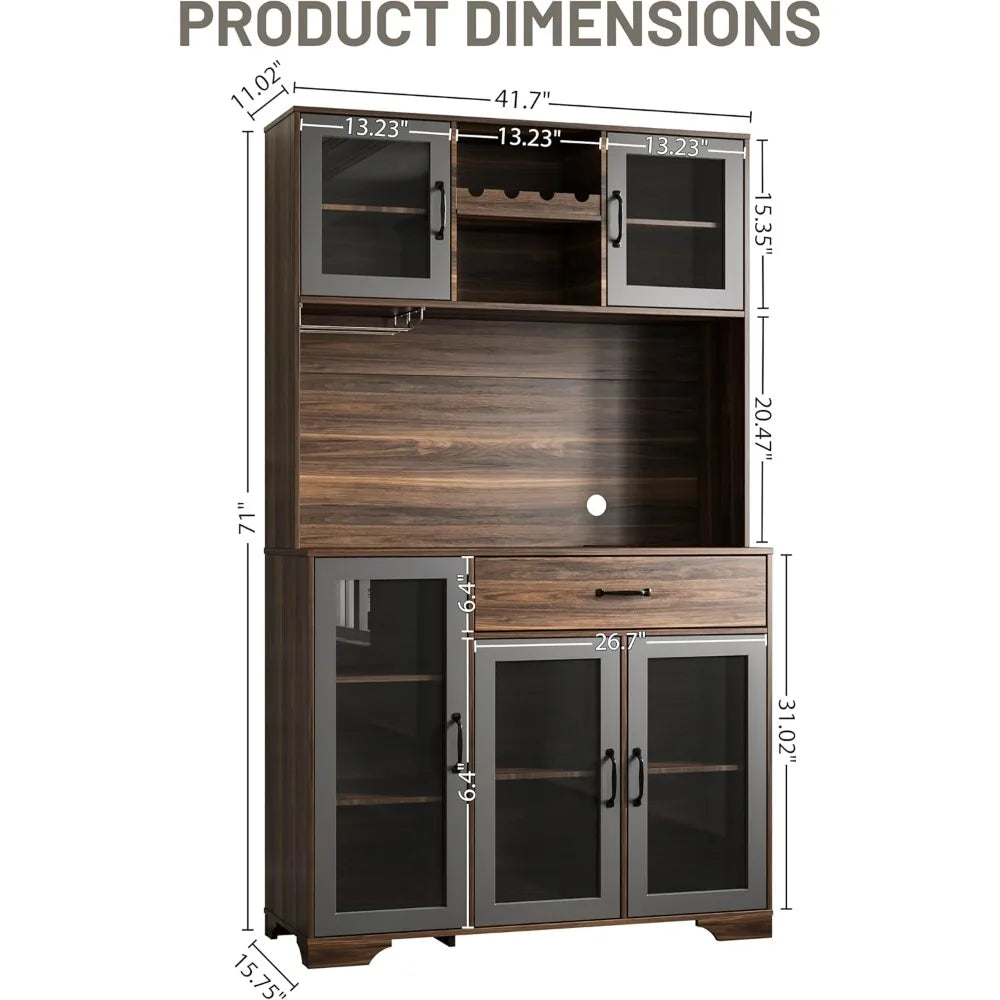 Pantry Cabinet, 71" Tall Coffee Bar Liquor Cabinet with Power Outlet & LED Lights, Kitchen Hutch Food Pantry with Microwave Stan
