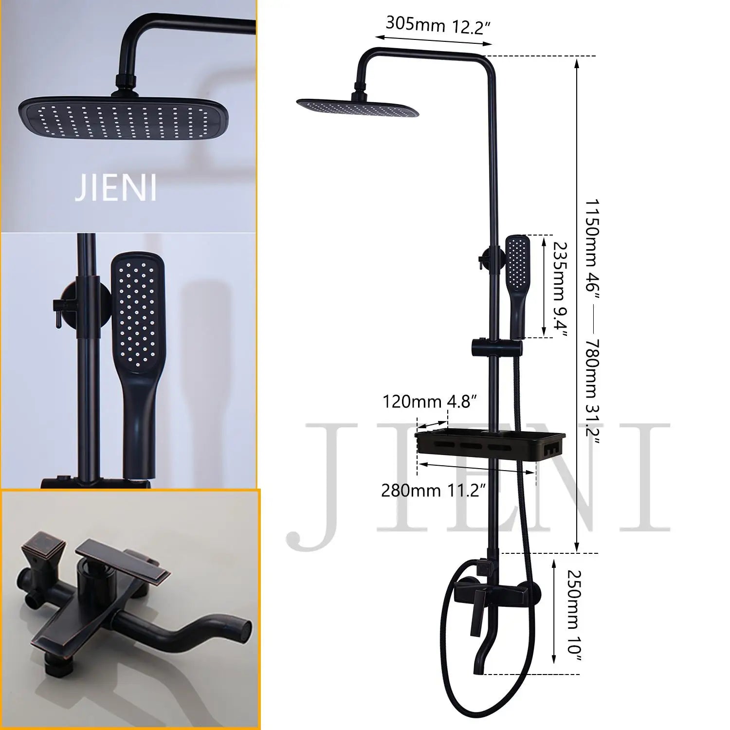 JIENI Matte Black Rainfall Shower Faucet Set Paint Black Bathtub Shower Mixer Faucet & Wall Mounted Hand Shower Mixer Faucet Set