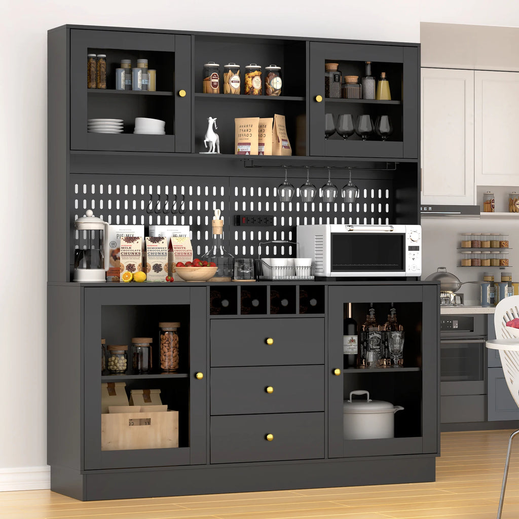 Pantry Cabinet, Kitchen Storage Cabinet, Freestanding Buffet Hutch with Pegboard, Cup Holder, Power Outlet, Black
