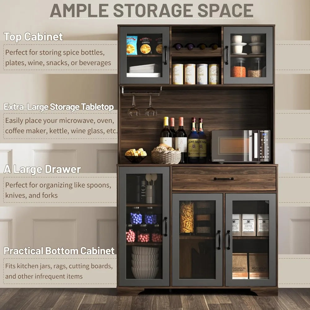 Pantry Cabinet, 71" Tall Coffee Bar Liquor Cabinet with Power Outlet & LED Lights, Kitchen Hutch Food Pantry with Microwave Stan