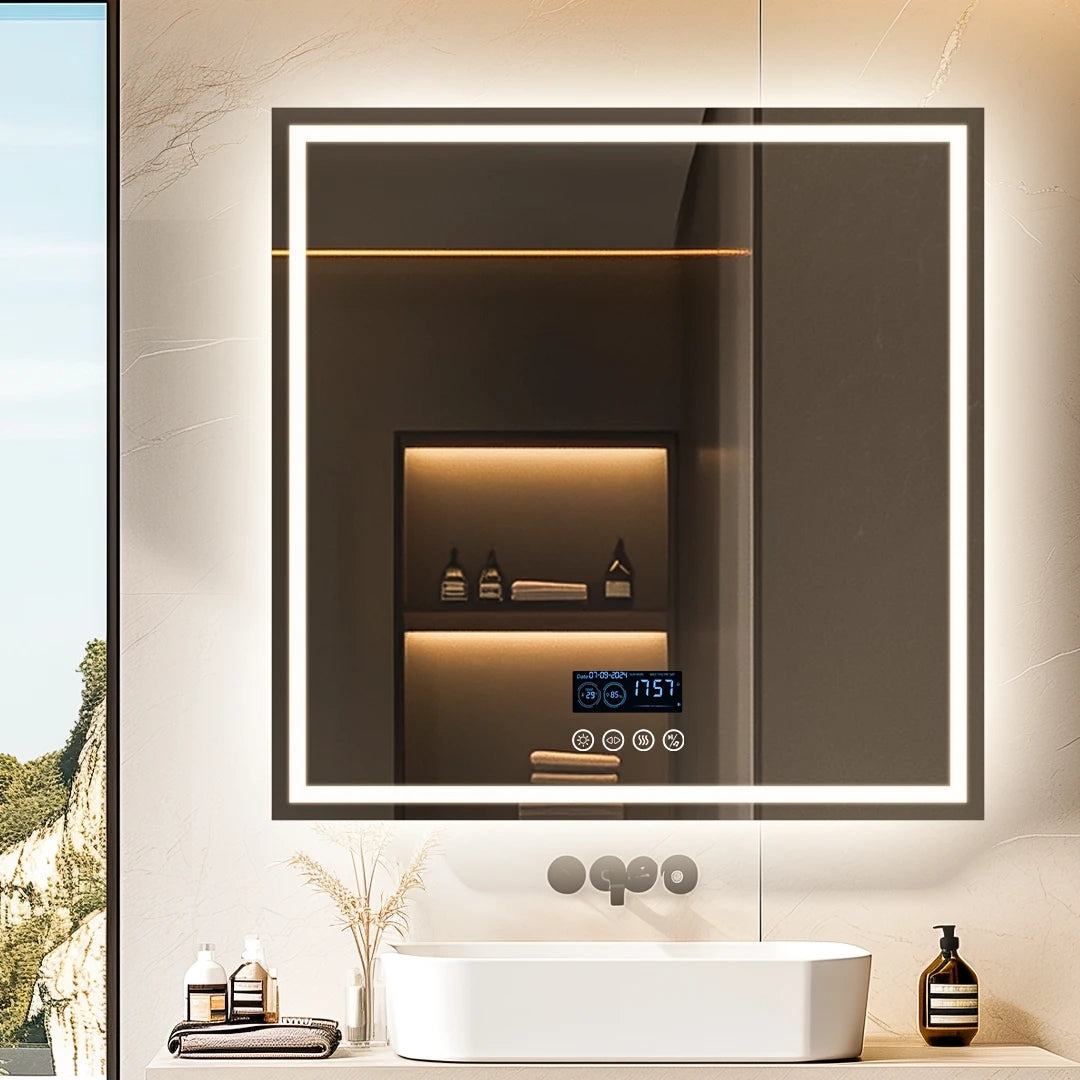 LED Bathroom Mirror 800mm Square Wall Mirror with Bluetooth Time Temperature Display 3 Colours Front+Backlit Anti-fog Memory