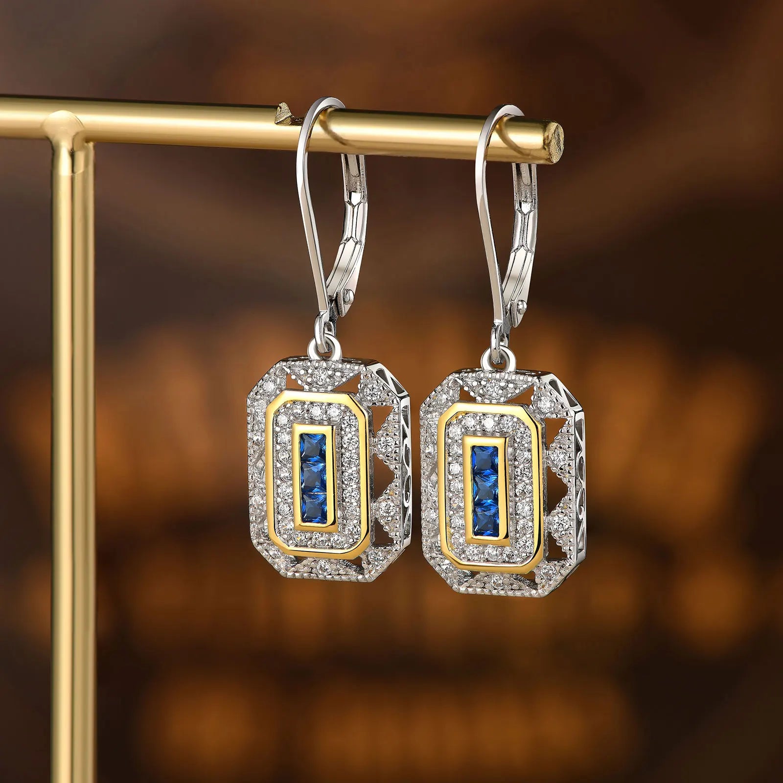 Newshe Solid 925 Sterling Silver K Gold Dangle Drop Earrings for Women Sapphire White AAAAA CZ Vintage Jewelry JE1581