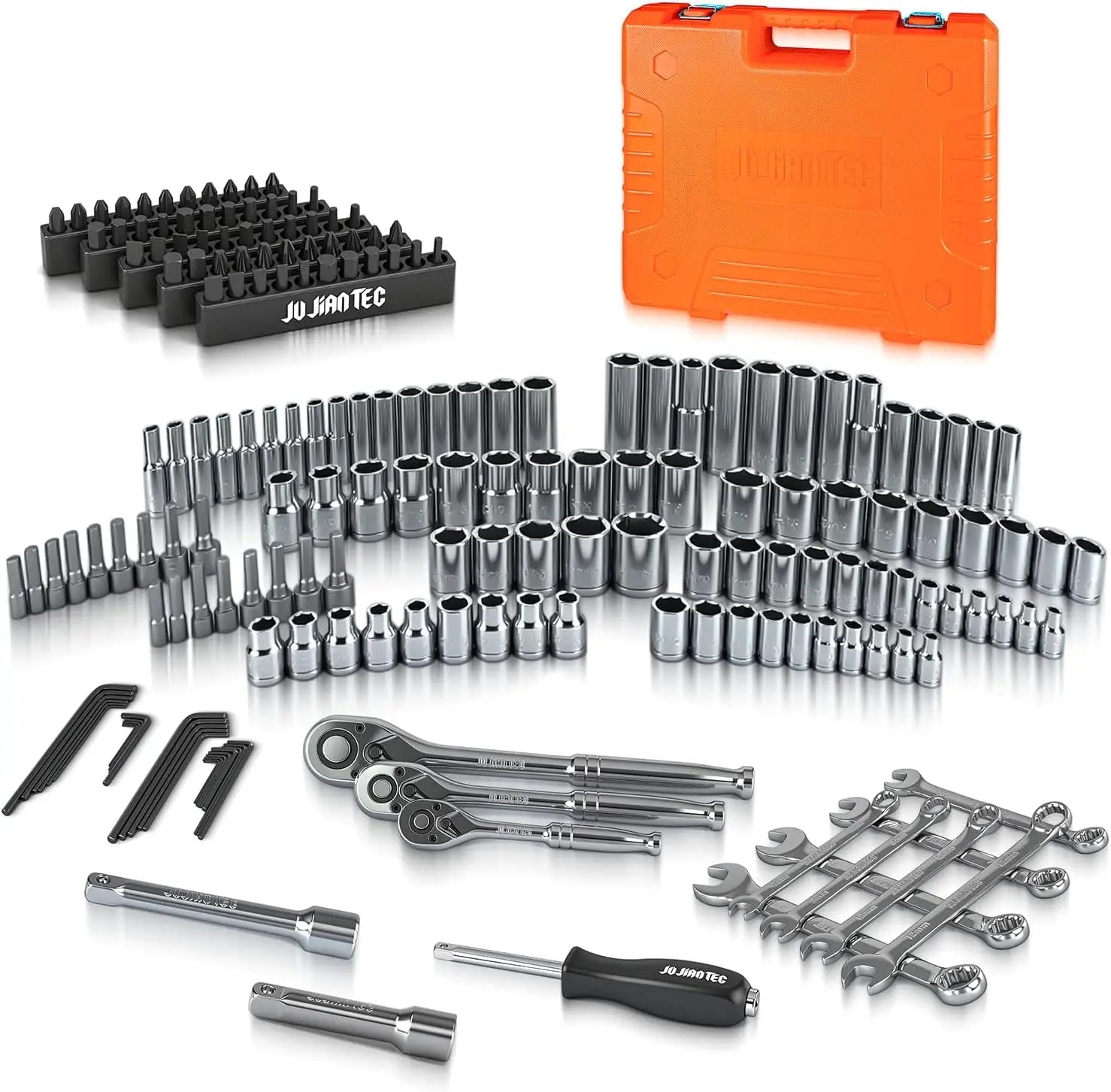 201-Piece Mechanics Tools Set, SAE & Metric, 1/2'', 1/4'', 3/8'' Drive, Ratchet & Extension, CRV Steel, Molded Case