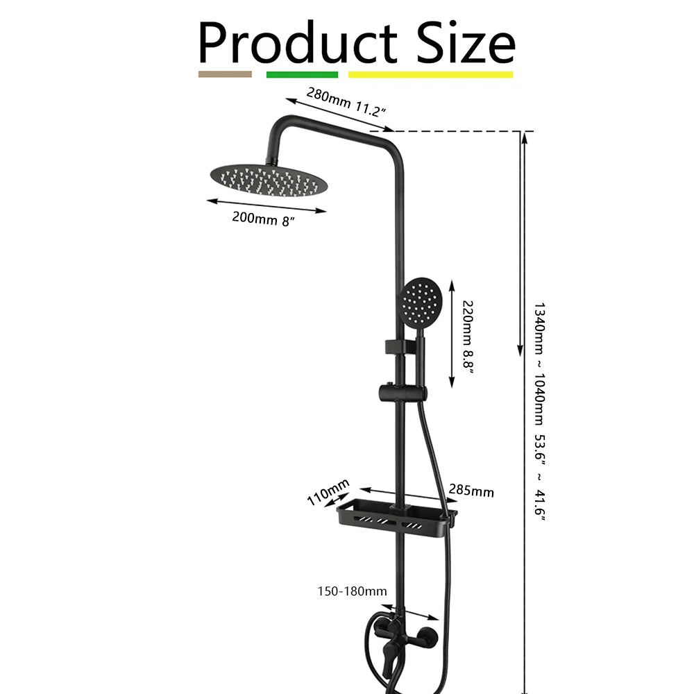 ZAPPO Matte Black Bathroom Shower Set 8 inch Rainfall Shower Head Wall Mounted 3-4 Function Rainfall Shower System & ABS Shelf