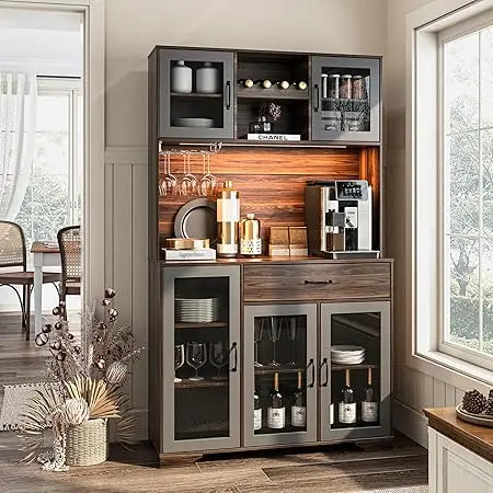 Pantry Cabinet, 71" Tall Coffee Bar Liquor Cabinet with Power Outlet & LED Lights, Kitchen Hutch Food Pantry with Microwave Stan