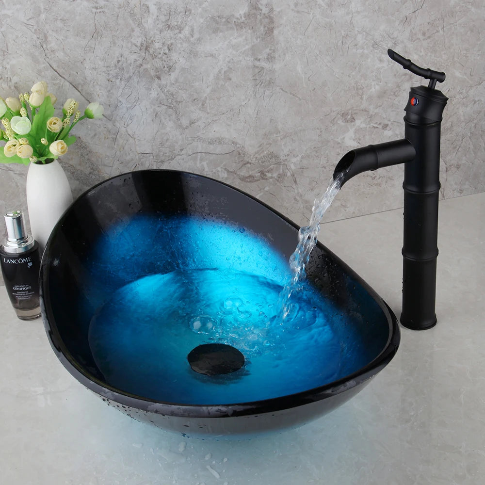 KEMAIDI Bathroom Sink Countertop Basin Bowl with Faucet Washroom Vessel Vanity Sinks Tempered Glass Basin Washbasin Faucet Set