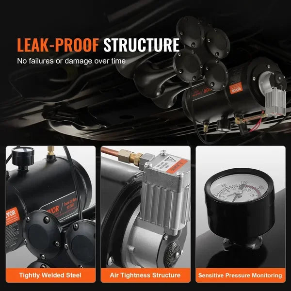 VEVOR Train Horns Kit, 4 Trumpet Air Horn Kit, 150dB Train Horns for Pickup Trucks, 12V 120 psi Air Compressor 0.8 Gal/3 L Tank