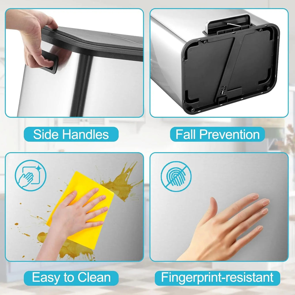 Dual Trash Can, Stainless Steel 2 x 4 Gal (2 x 15L) Garbage Can, Steel Pedal Recycle Bin with Lid and Inner Buckets, Rectangular