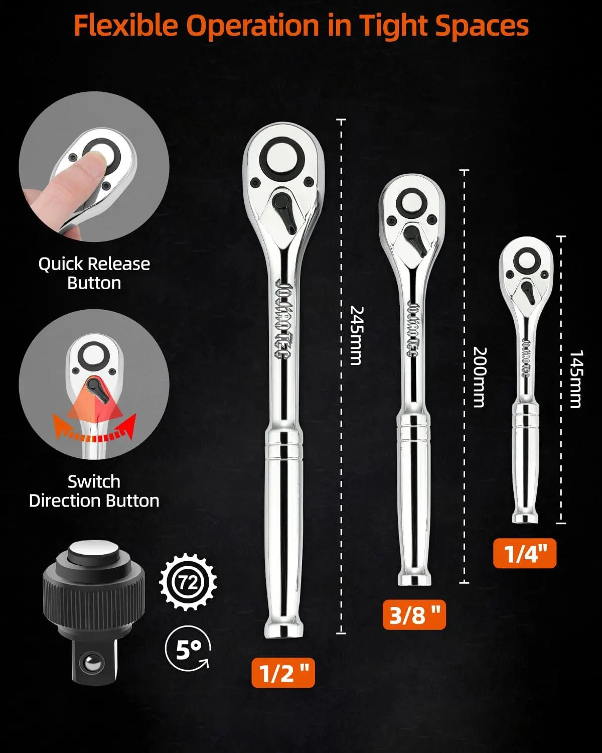 201-Piece Mechanics Tools Set, SAE & Metric, 1/2'', 1/4'', 3/8'' Drive, Ratchet & Extension, CRV Steel, Molded Case