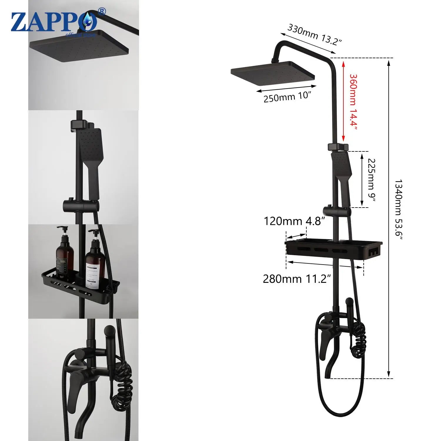ZAPPO Matte Black Bathroom Shower Set 8 inch Rainfall Shower Head Wall Mounted 3-4 Function Rainfall Shower System & ABS Shelf