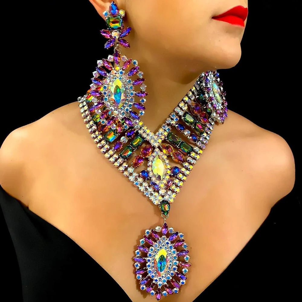Stonefans Exaggerated Necklace Earrings Set Wholesale for Women Drag Queen Accessories Large Rhinestone Statement Jewelry Set