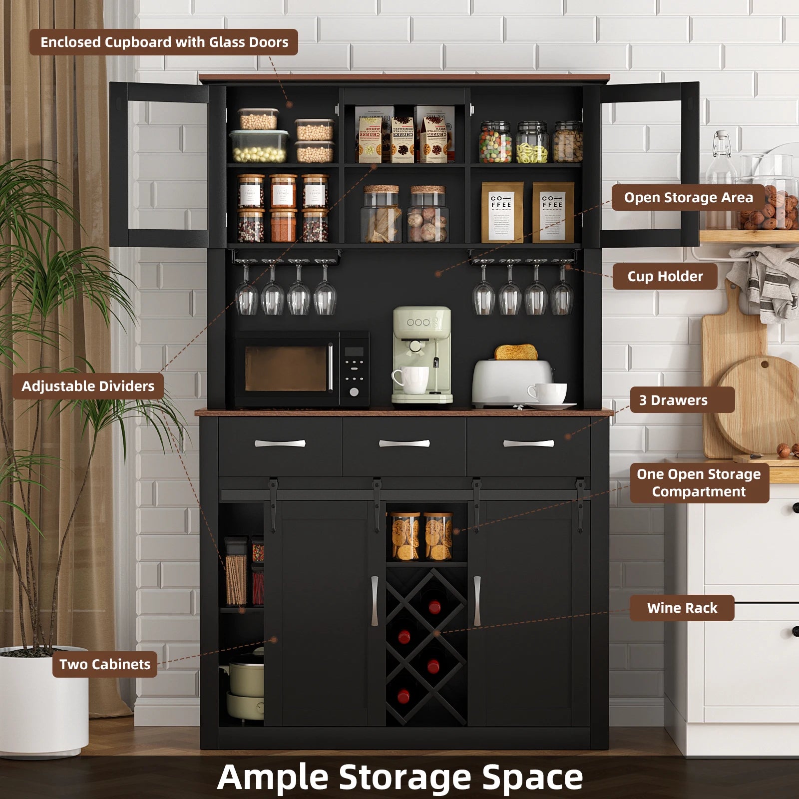 VOWNER 72" Tall Farmhouse Bar Cabinet with Sliding Barn Doors, Kitchen Pantry Storage Cabinet with Wine & Glass Racks