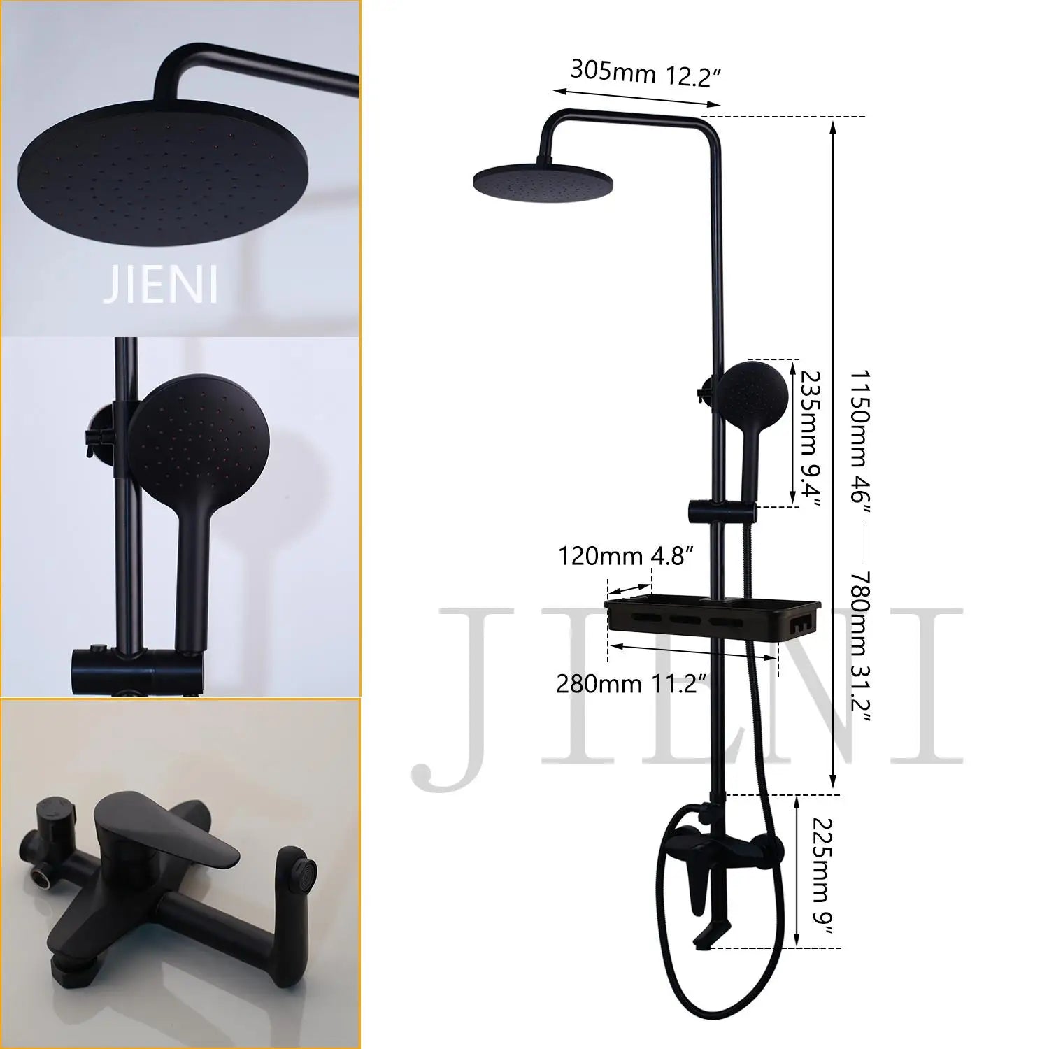JIENI Matte Black Rainfall Shower Faucet Set Paint Black Bathtub Shower Mixer Faucet & Wall Mounted Hand Shower Mixer Faucet Set