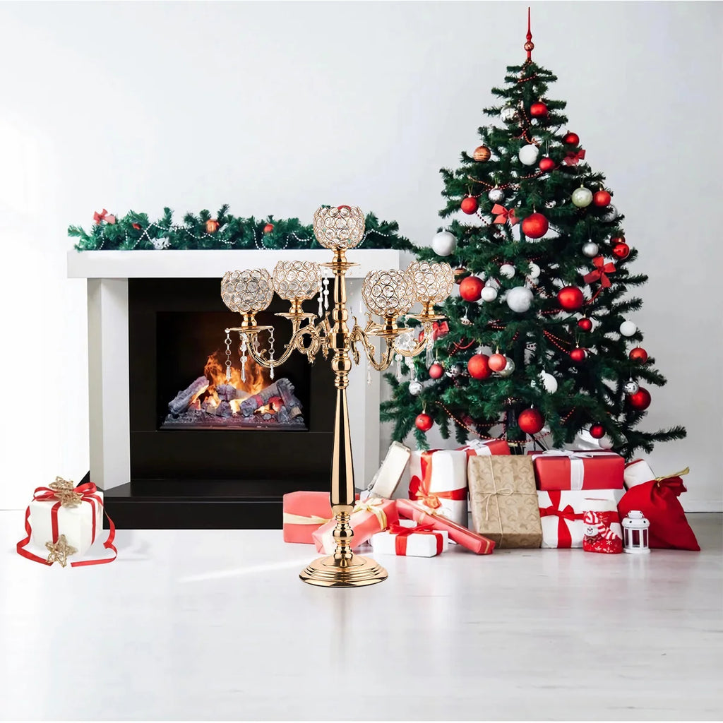 4 Packs 5 Arms Crystal Candelabra for Wedding Centerpiece Gold Candle Holder with Chandelier Crystal Beaded Party Table Decor